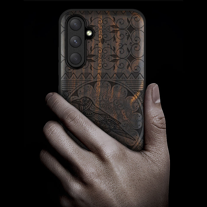 The Zentangle Crow, Classic Engraved Wood & TPU Case - Artisanal Cover for Samsung Galaxy