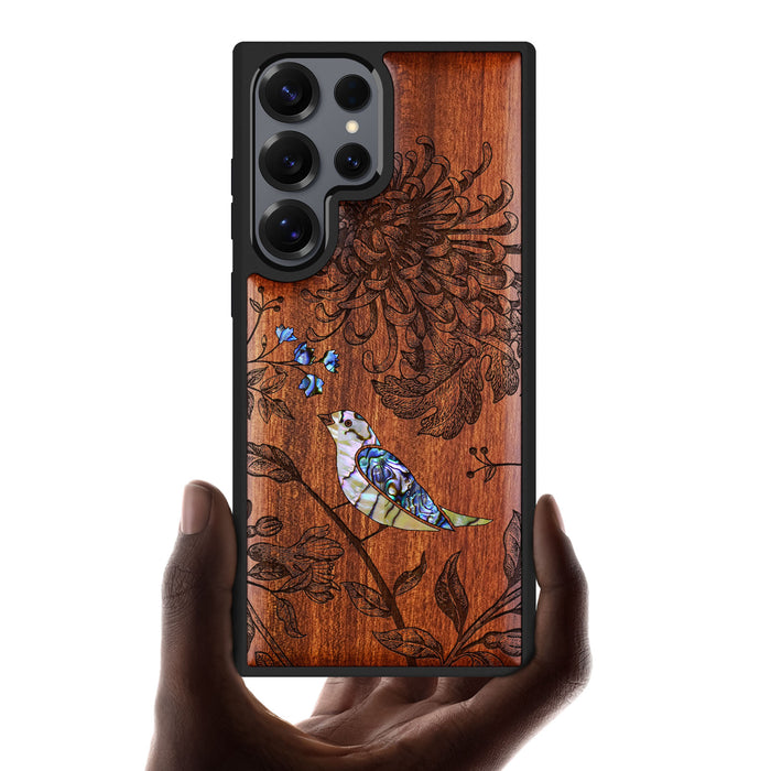 The Chrysanthemum and the Songbird, Hand-Inlaid Wood & Mother of Pearl Case - Artisanal Cover for Samsung Galaxy