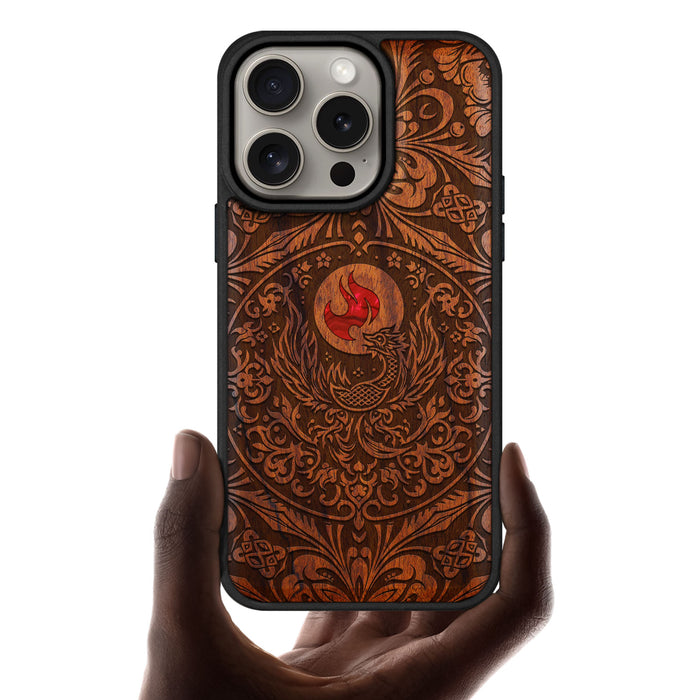 Phoenix in Symmetry, Hand-Inlaid Wood & Mother of Pearl Case - Artisanal Cover for Apple iPhone