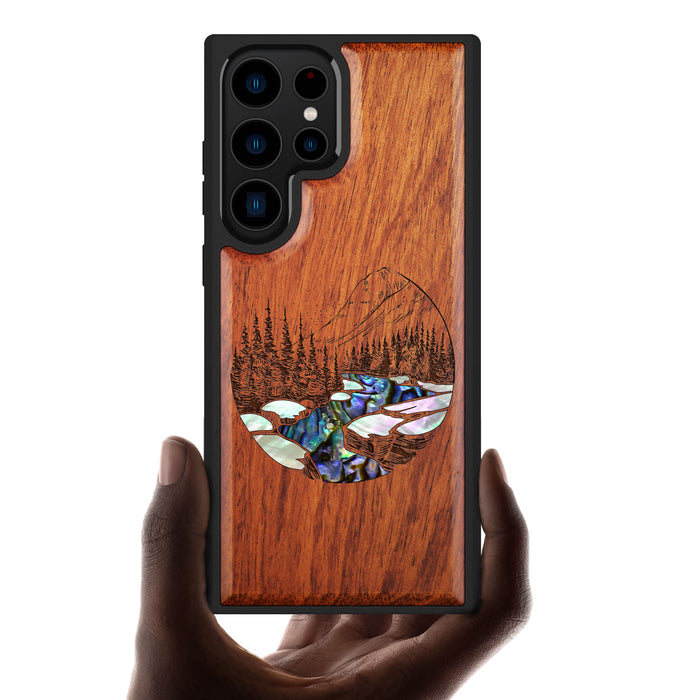 The Lake and Mountain Landscape, Hand-Inlaid Wood & Mother of Pearl Case - Artisanal Cover for Samsung Galaxy