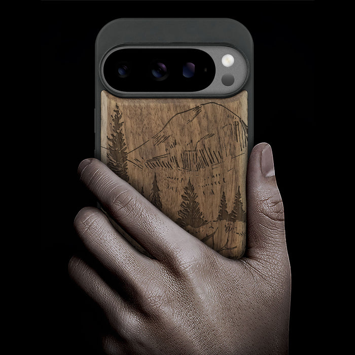 An Enthralling Natural Landscape Illustration, Classic Engraved Wood & TPU Case - Artisanal Cover for Google Pixel