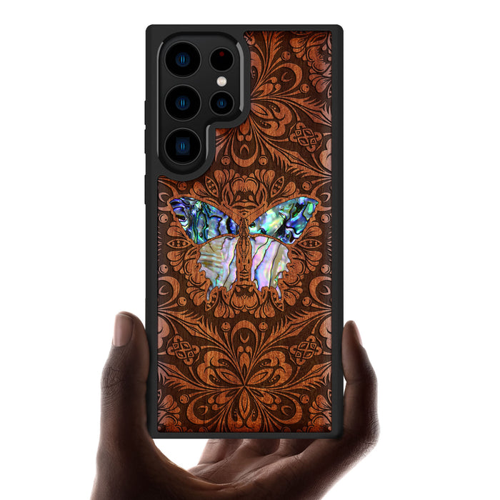 Baroque Butterfly, Hand-Inlaid Wood & Mother of Pearl Case - Artisanal Cover for Samsung Galaxy