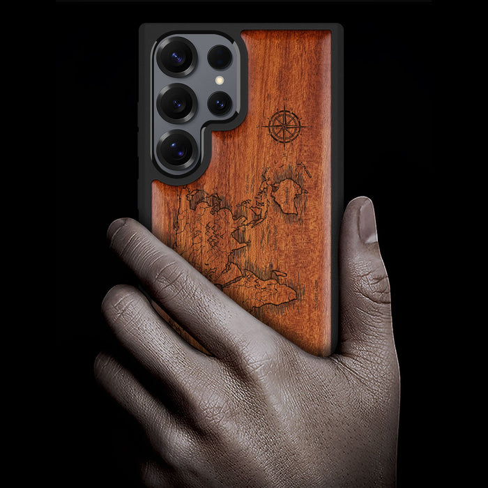 Abstract Expressionist World Map Linework Classic Engraved Wood & TPU Case Samsung Galaxy Artisanal Case View