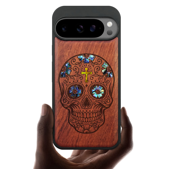 The Dia de los Muertos Sugar Skull, Hand-Inlaid Wood & Mother of Pearl Case - Artisanal Cover for Google Pixel