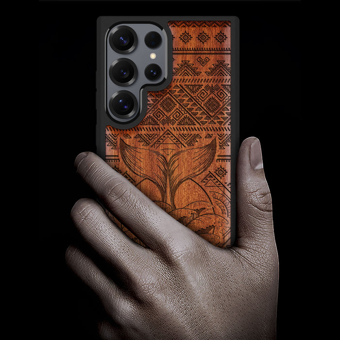 The Whale's Song Amidst Aztec Waves, Classic Engraved Wood & TPU Case - Artisanal Cover for Samsung Galaxy