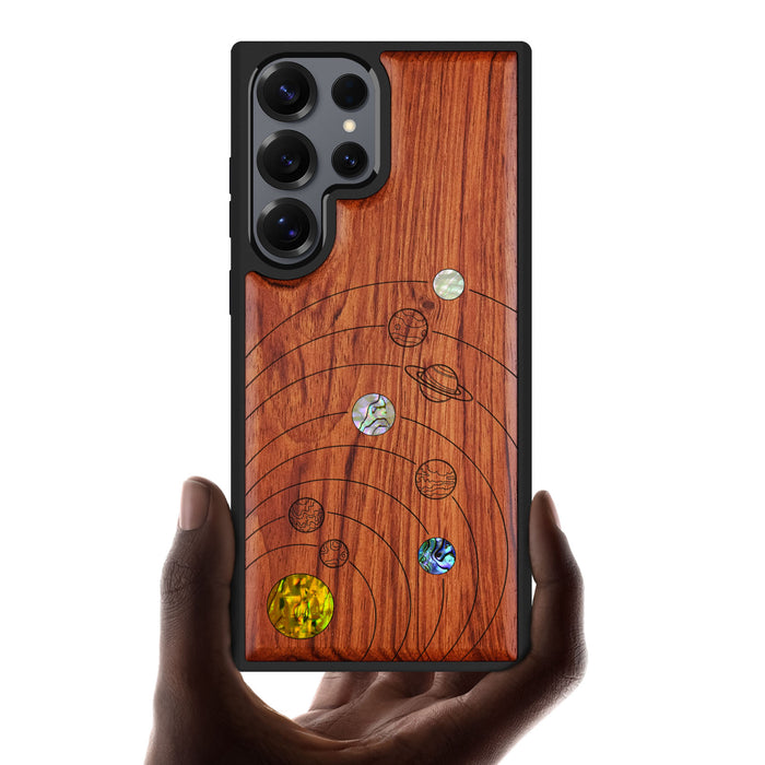 A Minimalist Line Work of Nine Planets, Hand-Inlaid Wood & Mother of Pearl Case - Artisanal Cover for Samsung Galaxy