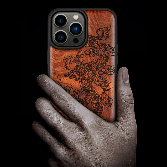 The Majestic Chinese Dragon, Classic Engraved Wood & TPU Case - Artisanal Cover for Apple iPhone