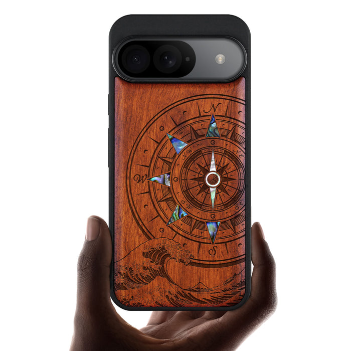 The Compass and the Wave, Hand-Inlaid Wood & Mother of Pearl Case - Artisanal Cover for Google Pixel