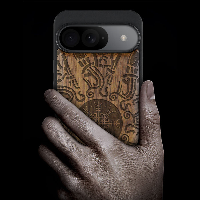 Viking Shield, Classic Engraved Wood & TPU Case - Artisanal Cover for Google Pixel