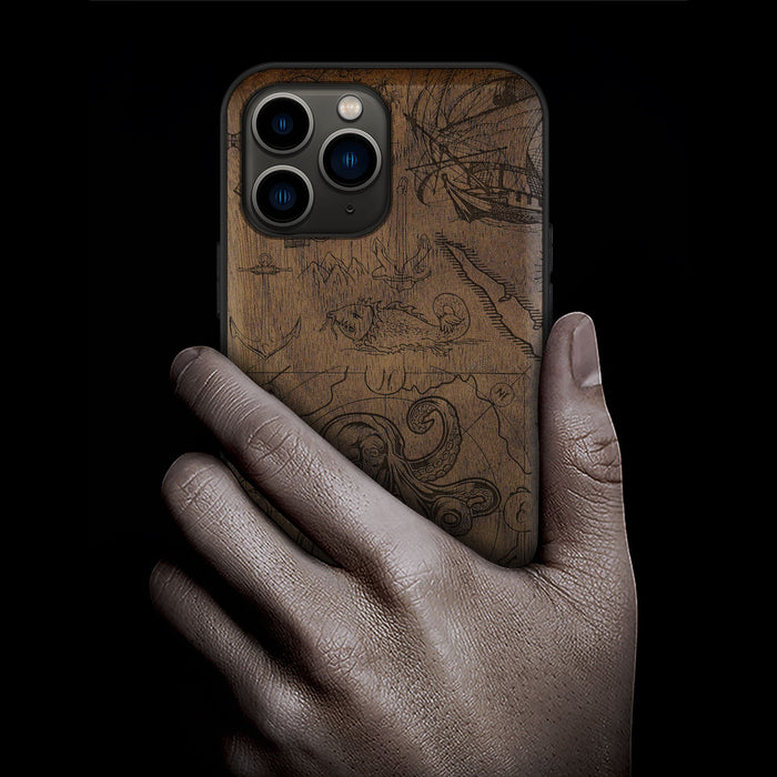 The Octopus and Maritime Treasures, Classic Engraved Wood & TPU Case - Artisanal Cover for Apple iPhone