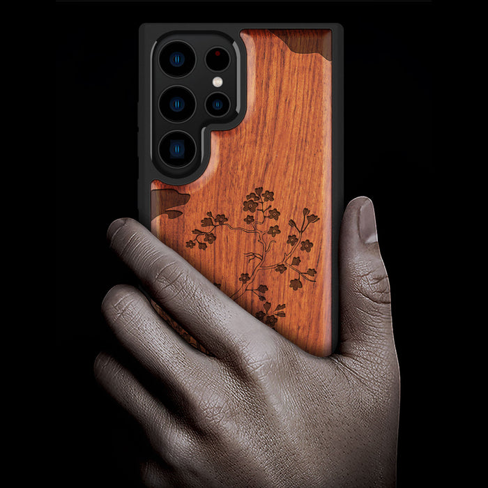 Cherry Blossom, Classic Engraved Wood & TPU Case - Artisanal Cover for Samsung Galaxy