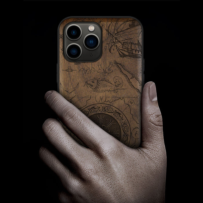 Viking Shield Amidst Maritime Treasures, Classic Engraved Wood & TPU Case - Artisanal Cover for Apple iPhone