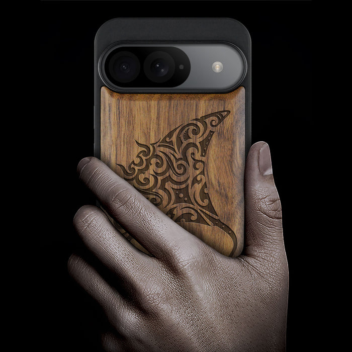 Polynesian Manta Rays, Classic Engraved Wood & TPU Case - Artisanal Cover for Google Pixel