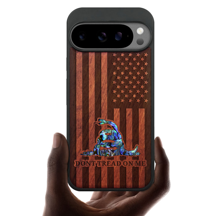 The Gadsden Flag Reenvisioned, Hand-Inlaid Wood & Mother of Pearl Case - Artisanal Cover for Google Pixel