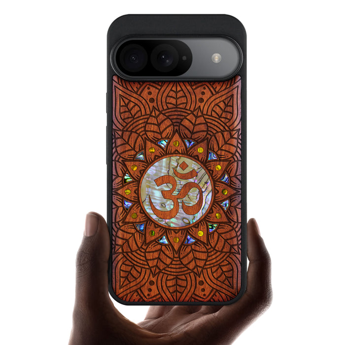 Harmony's Whisper Mandala, Hand-Inlaid Wood & Mother of Pearl Case - Artisanal Cover for Google Pixel