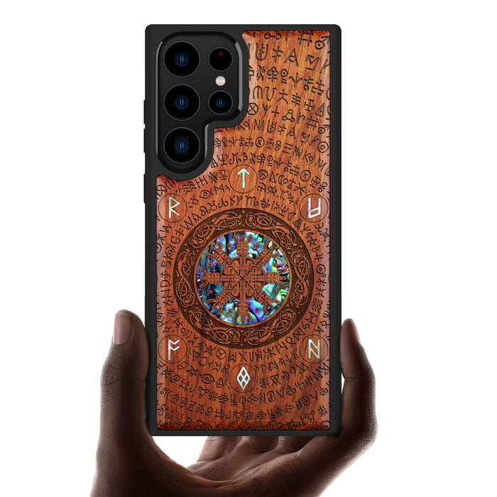 The Shield of Dragons and Awe, Hand-Inlaid Wood & Mother of Pearl Case - Artisanal Cover for Samsung Galaxy