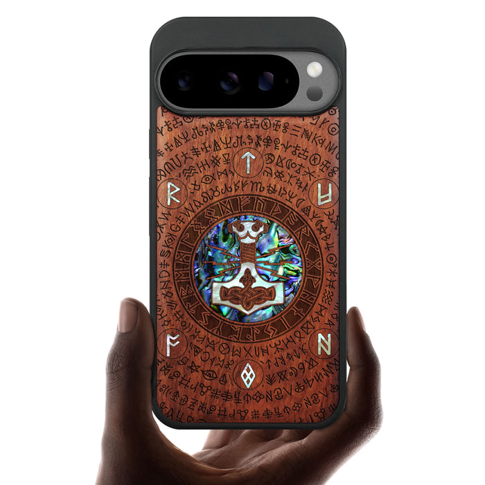 Mjölnir and the Runes, Hand-Inlaid Wood & Mother of Pearl Case - Artisanal Cover for Google Pixel