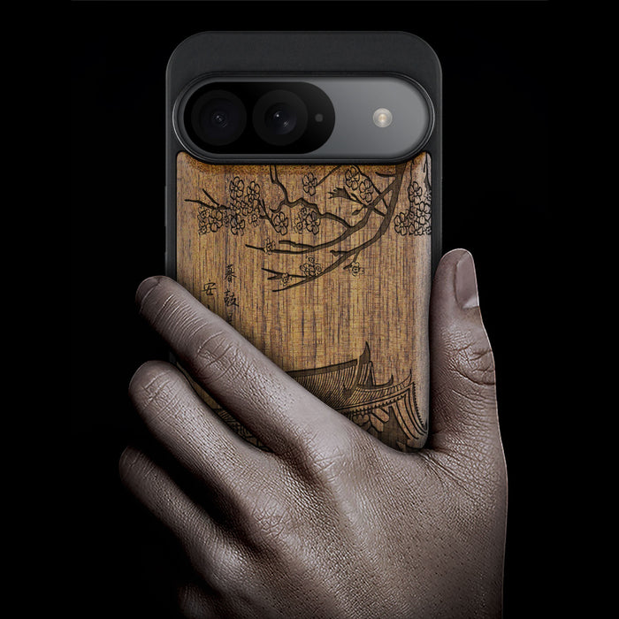 The Ancient Temple Amidst Cherry Blossoms, Classic Engraved Wood & TPU Case - Artisanal Cover for Google Pixel