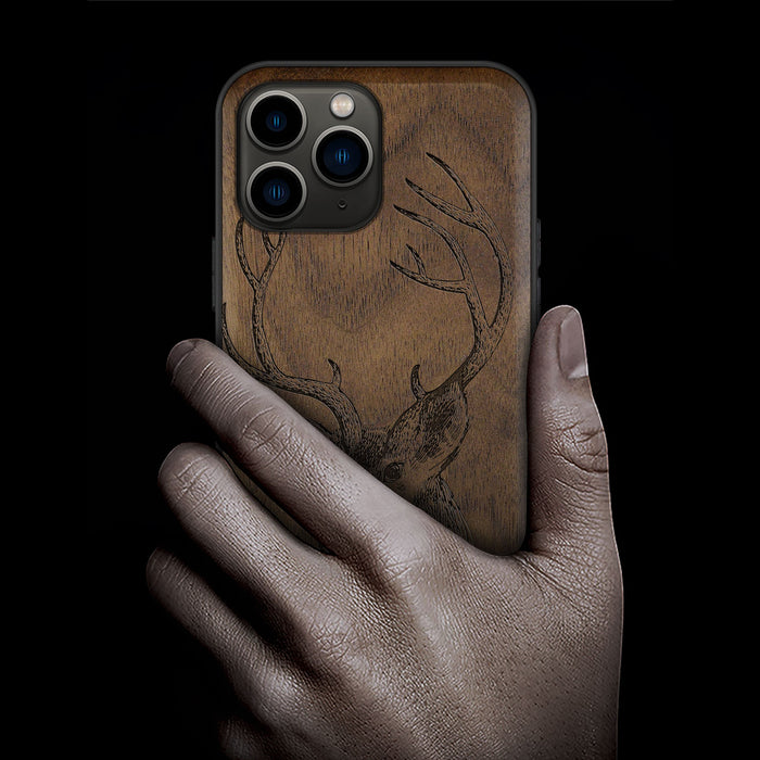 The Half-Length Deer Linework Art, Classic Engraved Wood & TPU Case - Artisanal Cover for Apple iPhone