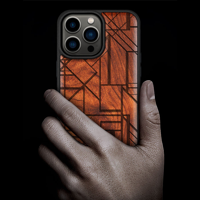 Geometric Simplicity Revisited, Classic Engraved Wood & TPU Case - Artisanal Cover for Apple iPhone