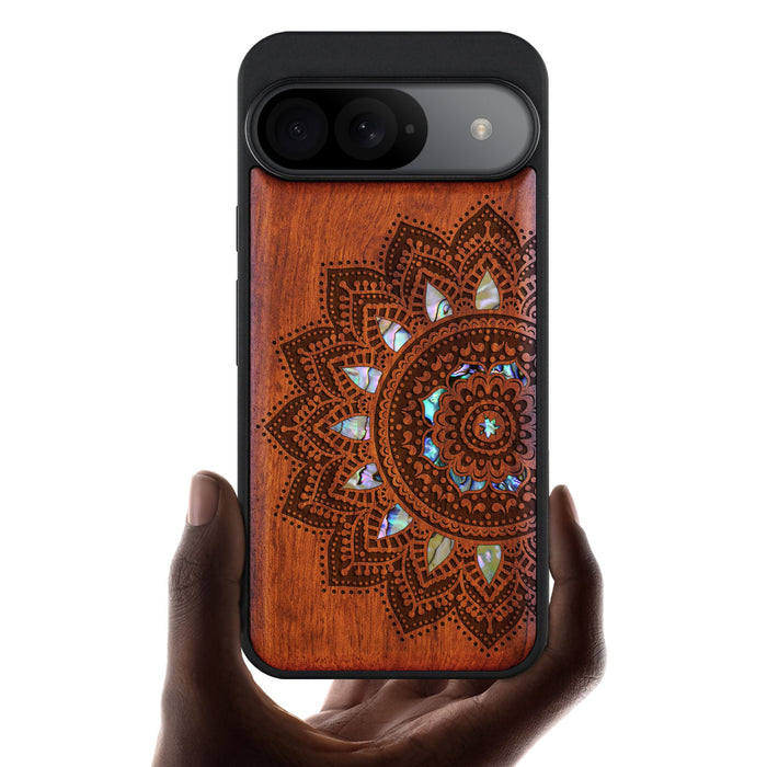 The Half Mandala Lace Art, Hand-Inlaid Wood & Mother of Pearl Case - Artisanal Cover for Google Pixel