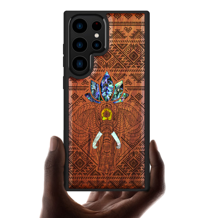 The African Elephant, Hand-Inlaid Wood & Mother of Pearl Case - Artisanal Cover for Samsung Galaxy