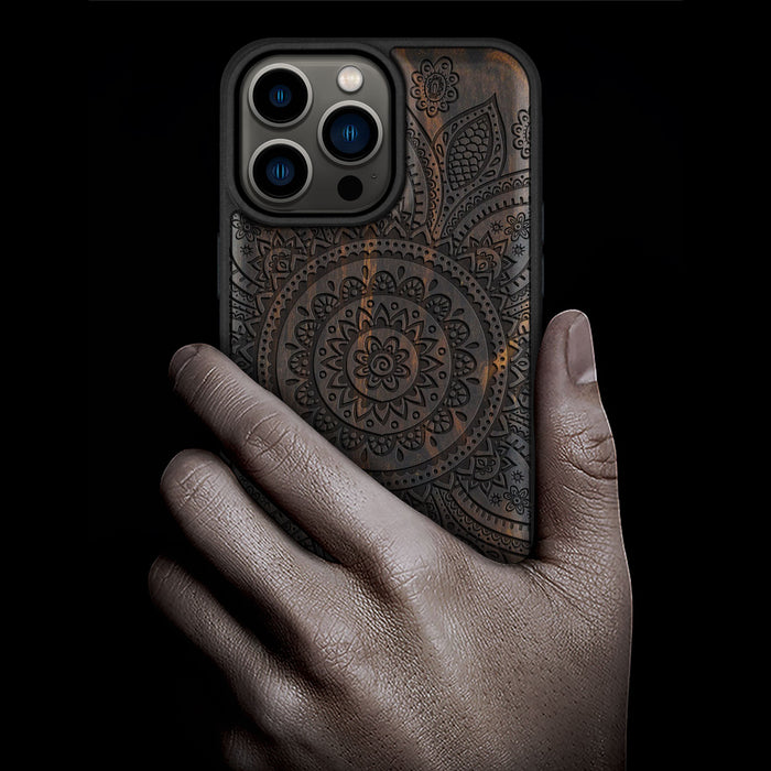 The Indian Floral Mandala, Classic Engraved Wood & TPU Case - Artisanal Cover for Apple iPhone