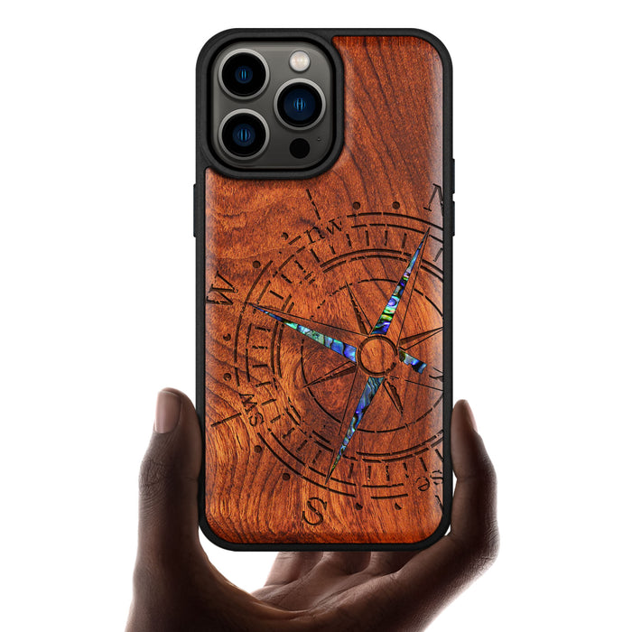 The Incomplete Compass, Hand-Inlaid Wood & Mother of Pearl Case - Artisanal Cover for Apple iPhone