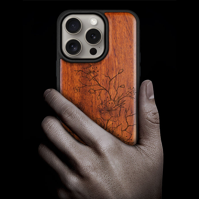 Sakura Sketch, Classic Engraved Wood & TPU Case - Artisanal Cover for Apple iPhone