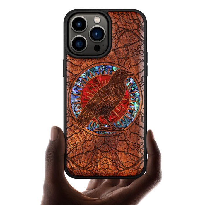 The Haloed Crow, Hand-Inlaid Wood & Mother of Pearl Case - Artisanal Cover for Apple iPhone