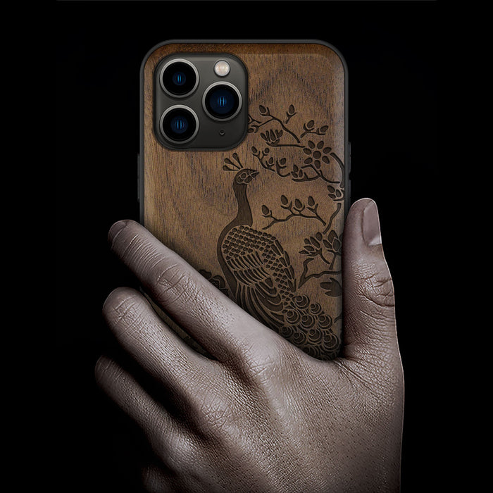 The Majestic Asian Peacock, Classic Engraved Wood & TPU Case - Artisanal Cover for Apple iPhone