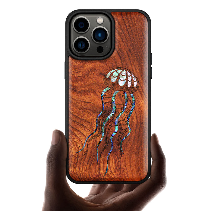 Zentangle Art Jellyfish, Hand-Inlaid Wood & Mother of Pearl Case - Artisanal Cover for Apple iPhone