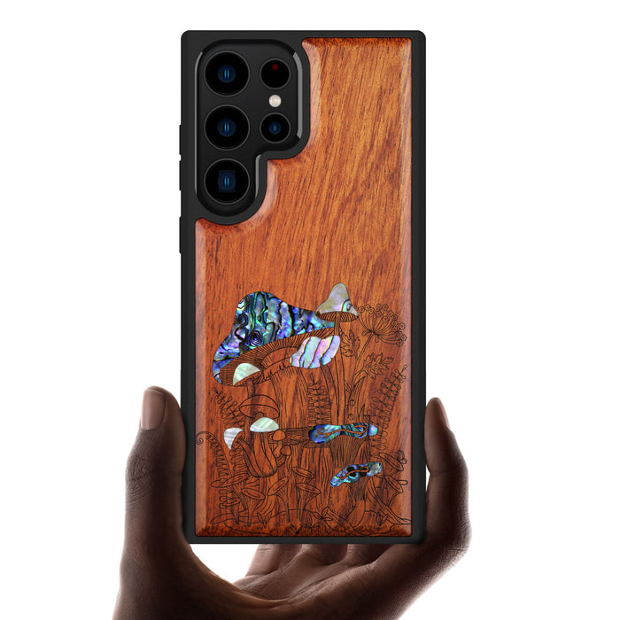 The Enchanting World of Mushrooms and Wildflowers, Hand-Inlaid Wood & Mother of Pearl Case - Artisanal Cover for Samsung Galaxy