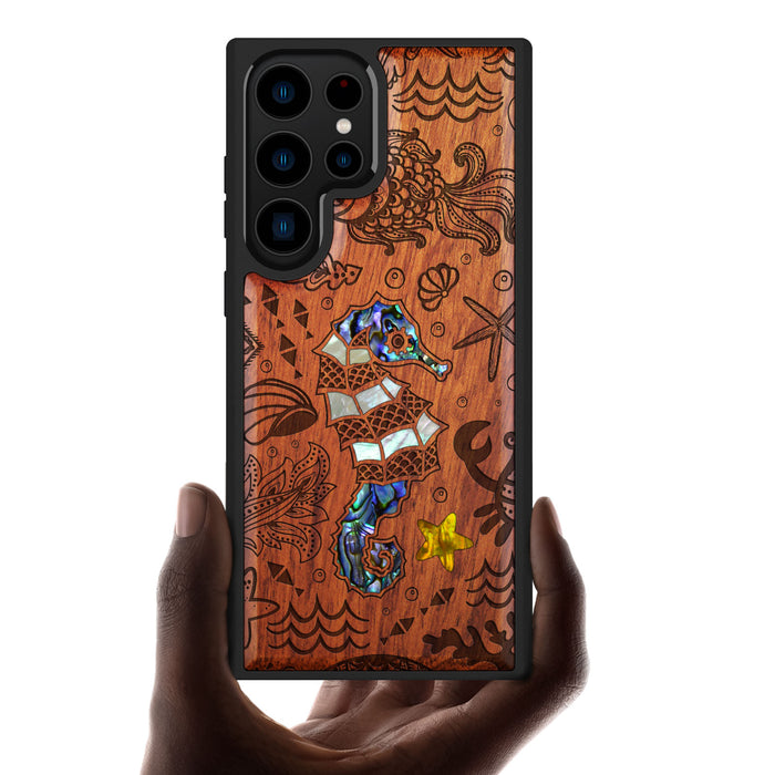 An Aquatic Symphony, Hand-Inlaid Wood & Mother of Pearl Case - Artisanal Cover for Samsung Galaxy