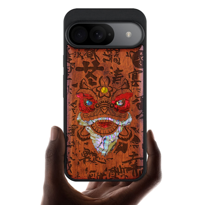 Chinese Lion, Hand-Inlaid Wood & Mother of Pearl Case - Artisanal Cover for Google Pixel