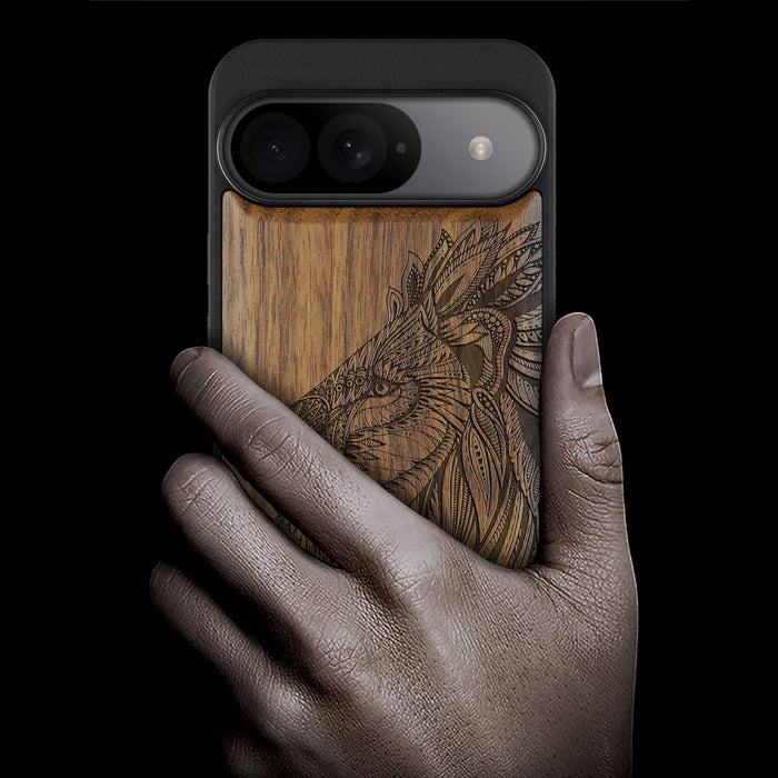 The Ornate Lion's Head, Classic Engraved Wood & TPU Case - Artisanal Cover for Google Pixel