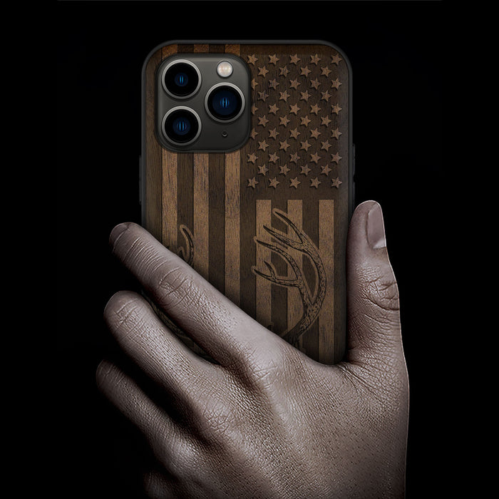 Deer Against the Backdrop of Stars and Stripes, Classic Engraved Wood & TPU Case - Artisanal Cover for Apple iPhone