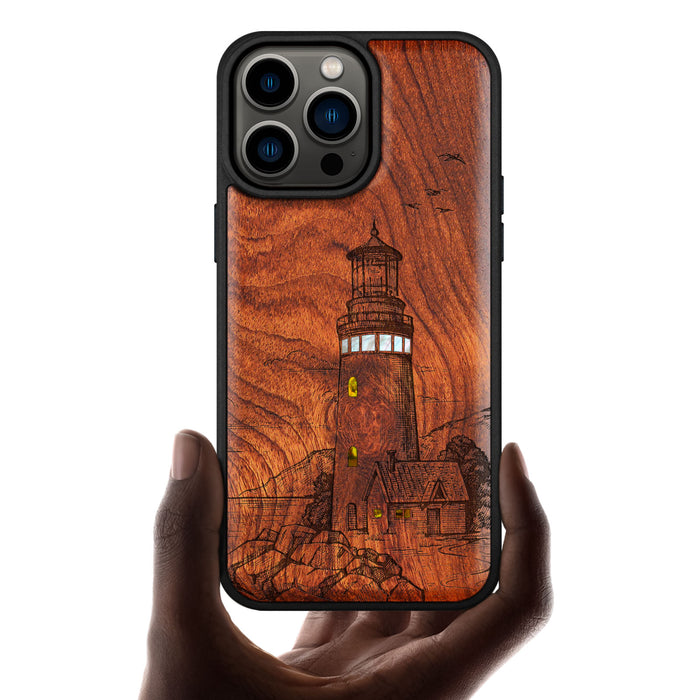 The Lighthouse, Hand-Inlaid Wood & Mother of Pearl Case - Artisanal Cover for Apple iPhone