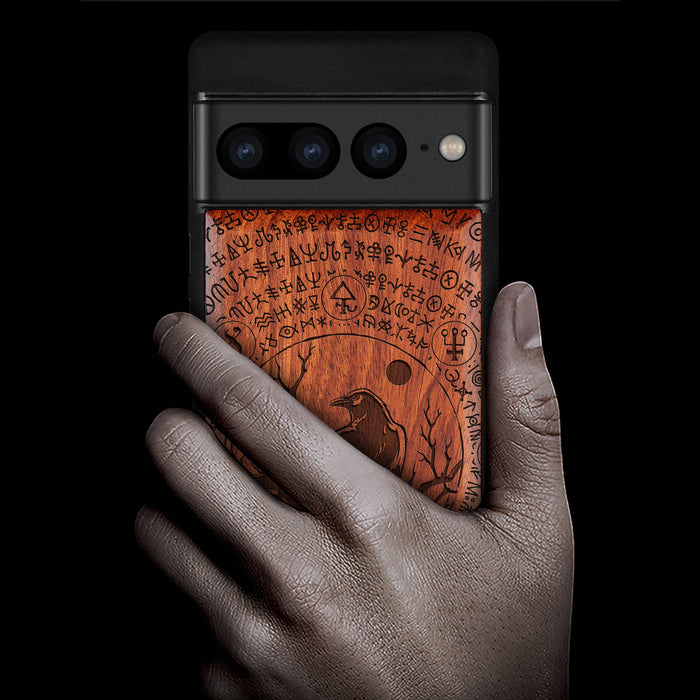 Raven's Arcanum, Classic Engraved Wood & TPU Case - Artisanal Cover for Google Pixel