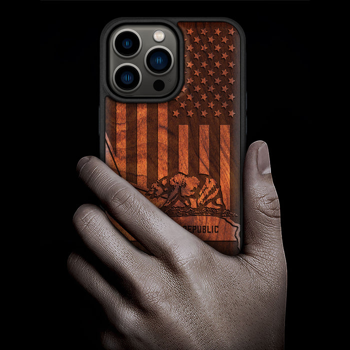 California's Emblematic Tribute, Classic Engraved Wood & TPU Case - Artisanal Cover for Apple iPhone