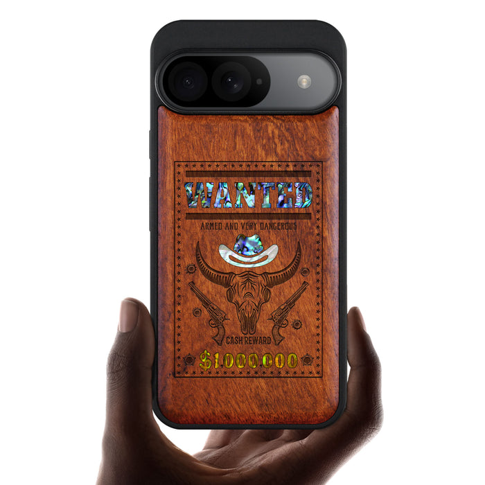 Western Wanted Poster, Hand-Inlaid Wood & Mother of Pearl Case - Artisanal Cover for Google Pixel