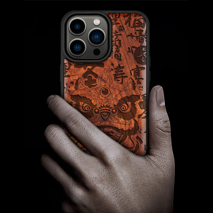 Chinese Lion Dance Head Auspicious, Classic Engraved Wood & TPU Case - Artisanal Cover for Apple iPhone