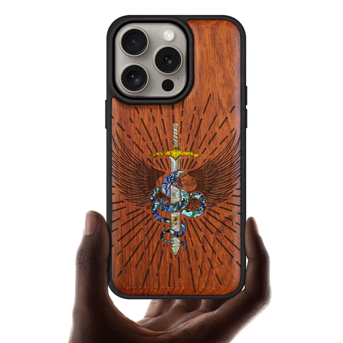 Serpent Winged Sword, Hand-Inlaid Wood & Mother of Pearl Case - Artisanal Cover for Apple iPhone