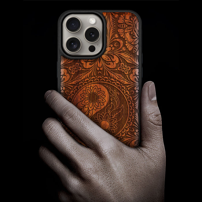 The Yin Yang Mandala, Classic Engraved Wood & TPU Case - Artisanal Cover for Apple iPhone