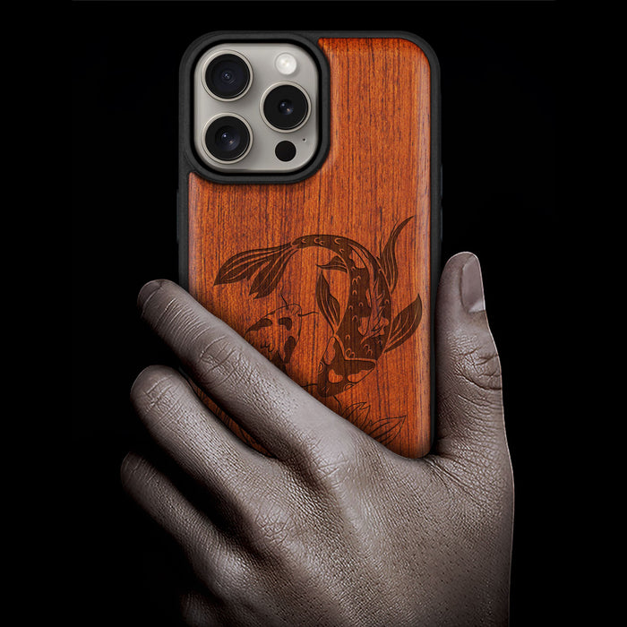 Yin-Yang Koi, Classic Engraved Wood & TPU Case - Artisanal Cover for Apple iPhone