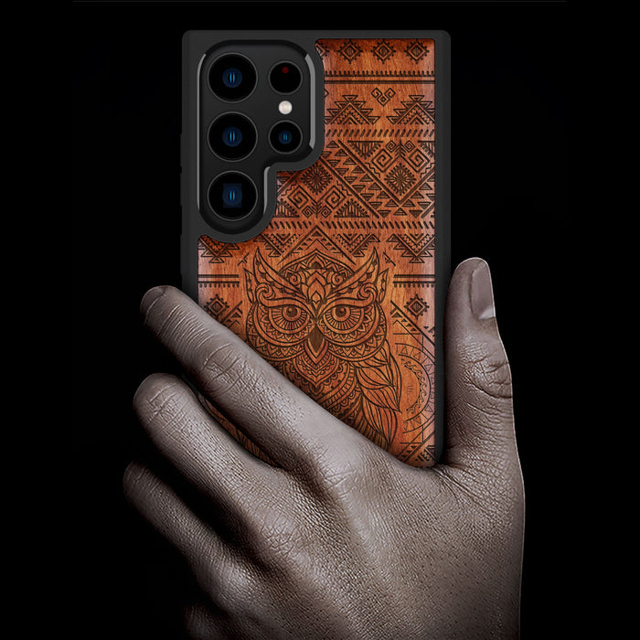 The Owl Mandala, Classic Engraved Wood & TPU Case - Artisanal Cover for Samsung Galaxy