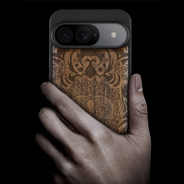 The Leafy Visage, Classic Engraved Wood & TPU Case - Artisanal Cover for Google Pixel