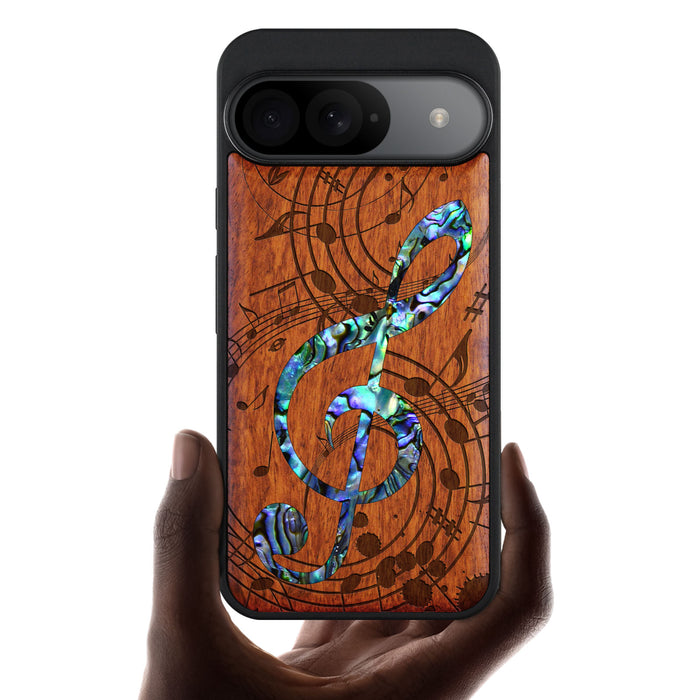 The Grand Clef and Musical Notes, Hand-Inlaid Wood & Mother of Pearl Case - Artisanal Cover for Google Pixel