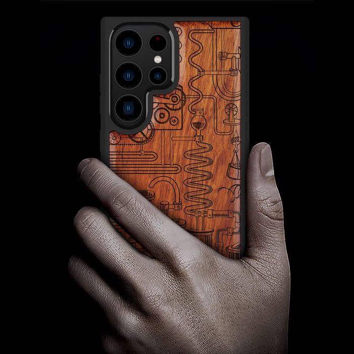 Machinery in Harmony, Classic Engraved Wood & TPU Case - Artisanal Cover for Samsung Galaxy