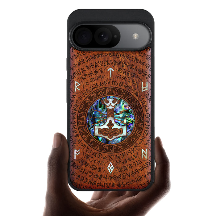 Mjölnir and the Runes, Hand-Inlaid Wood & Mother of Pearl Case - Artisanal Cover for Google Pixel